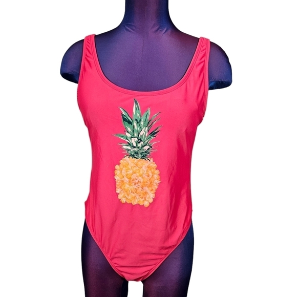 Ninety Nine Hot Pink 1 Piece Pineapple Swimsuit Bathing Suit Size Large Juniors - Picture 8 of 8
